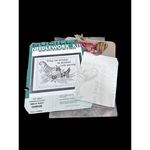 Vtg Bucilla Needlework Horn Of Plenty Cross Stitch Sampler Kit #2913 All Linen